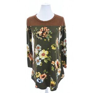 Reb & J Faux Suede Leather Floral Print Swing Tunic Top Long Sleeve Womens Sz S